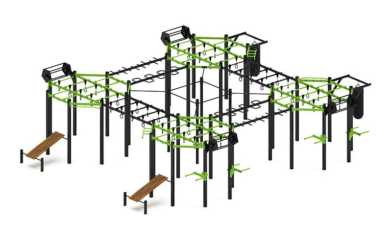 Многофункциональный спортивный комплекс (зеленый) МК 100.02-02 Габариты (ШхДхВ): 9850х11150х2740 Зона безопасности, мм: 12850х14150 Возрастные ограничения от 14 лет