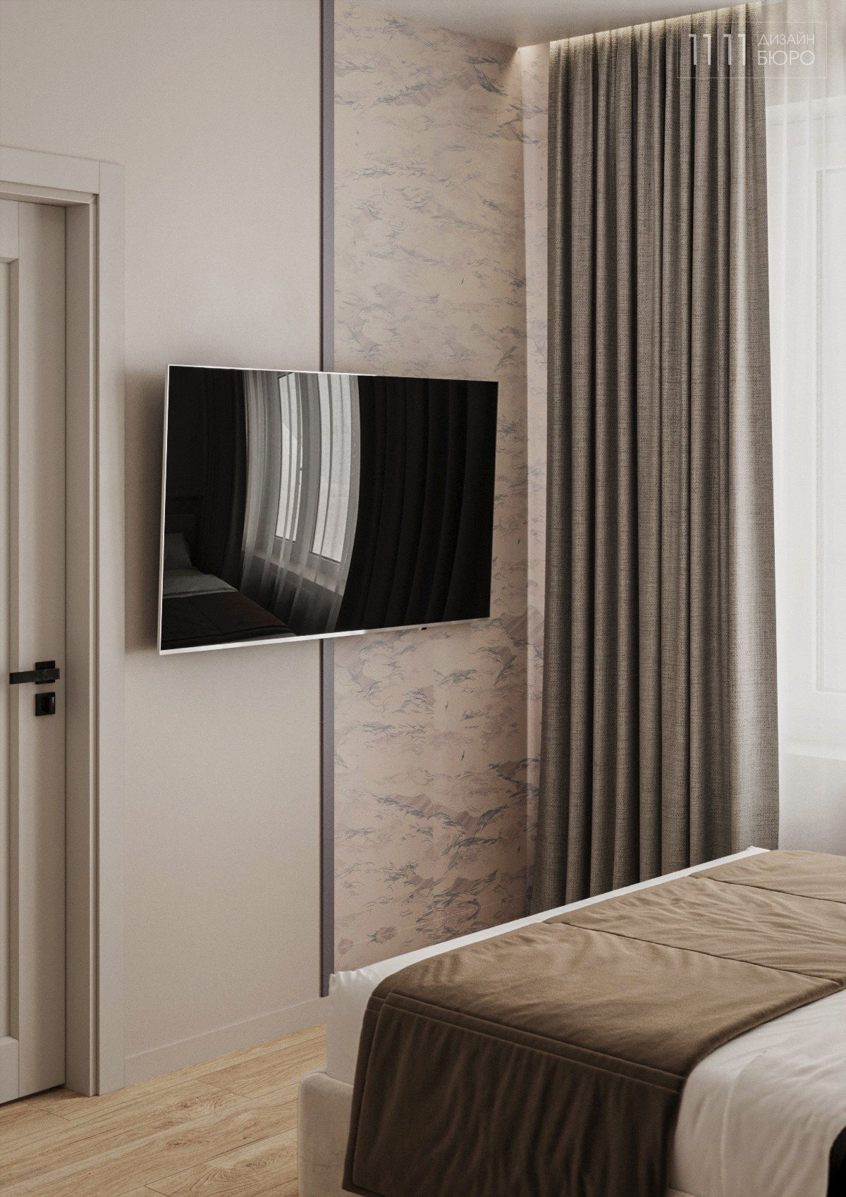 ТВ-зона в спальне с обоями, дизайн зоны телевизора