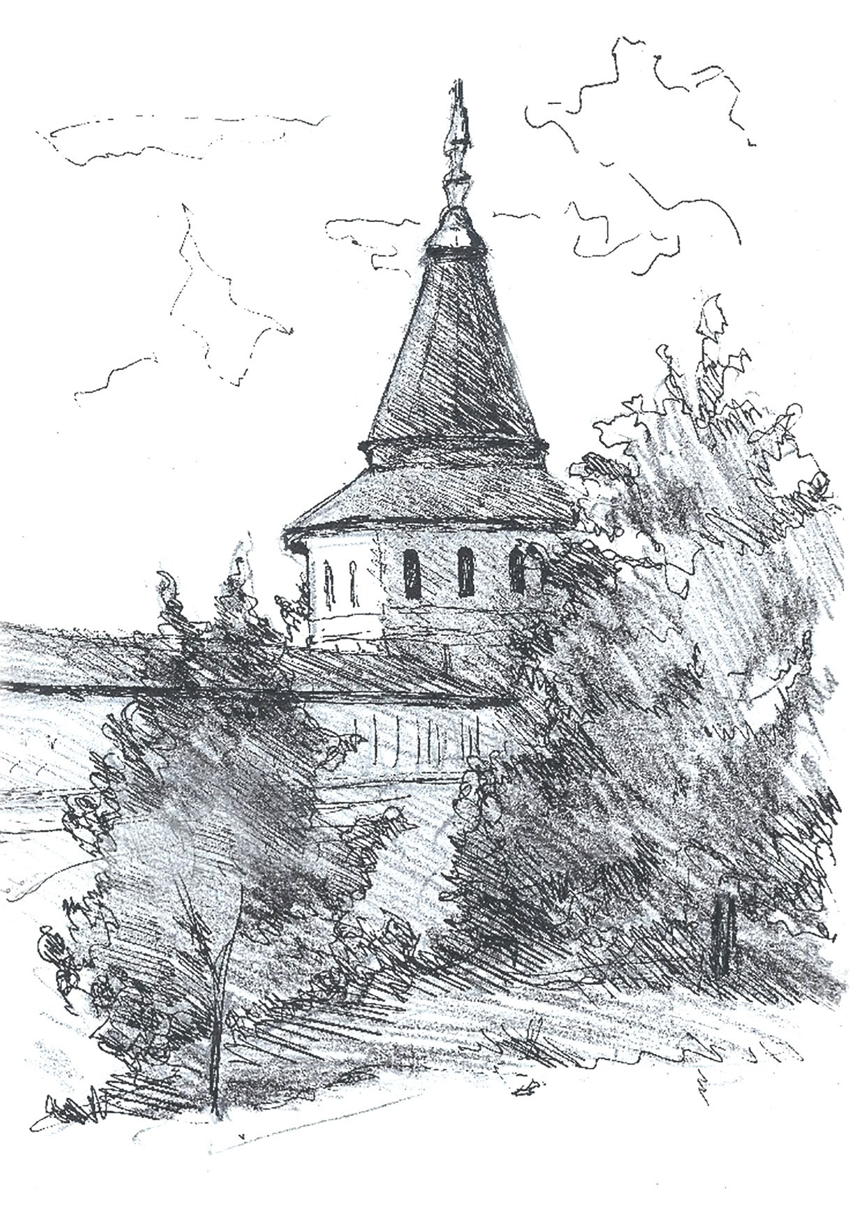 "Башня Данилова монастыря", быстрая зарисовка, уголь / тушь, 2009