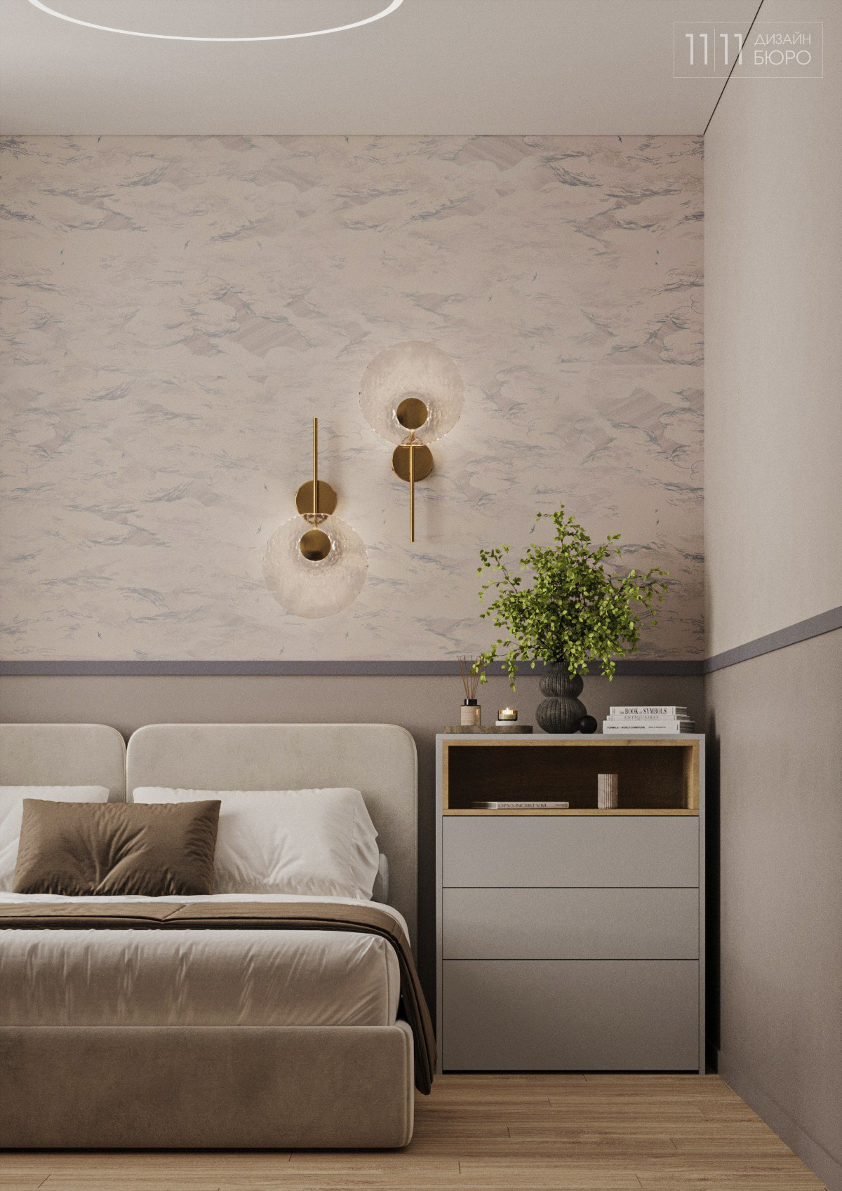 Комод в спальне рядом с кроватью, декоративные бра