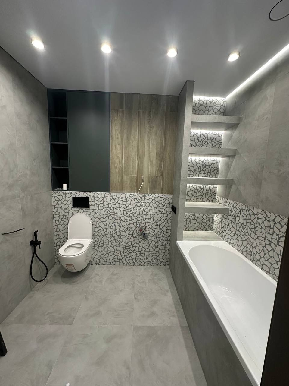 Ванная комната (с. Константиновка ул. Зеленая д. 28). Ремонт санузла, туалета, ванной под ключ в Казани. Укладка плитки