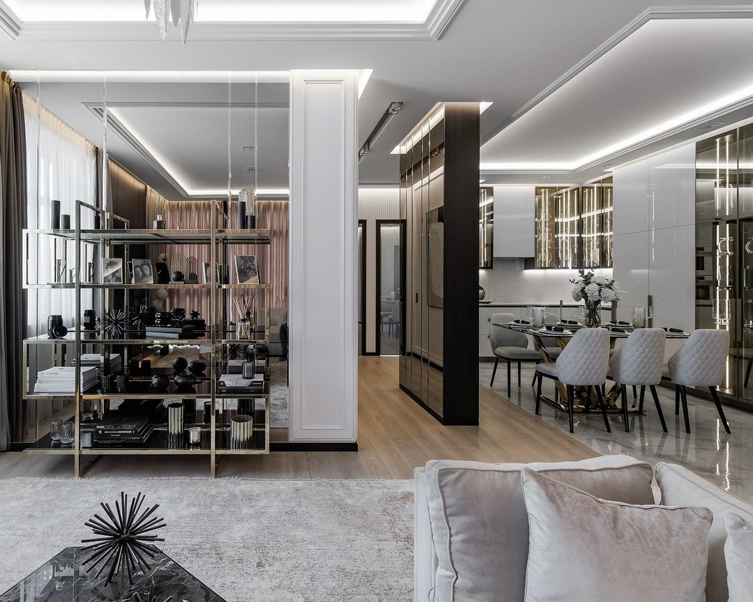 Общий вид из гостиной на кухню-столовую — дизайн Валерии Котович