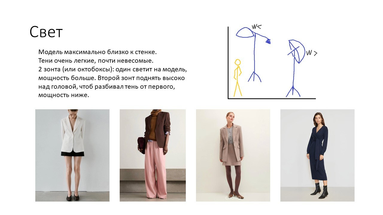 На изображении представлены четыре фотографии моделей в различных нарядах, а также текст с описанием и схематическое изображение фигуры человека с указанием зон света.Текст:Заголовок: "Свет"Описание: "Модель максимально близко к стене. Тени очень легкие, почти незаметные. 2 зоны (или октобоксы): один светит на модель, мощность больше. Второй зонт поднять высоко над головой, чтобы разбивал тень от первого, мощность ниже."Схематическое изображение:Изображена фигура человека с двумя зонами света, обозначенными стрелками. Одна зона света направлена на фигуру, другая — над головой.Фотографии моделей:Первая фотография: Модель в белом пиджаке и черной юбке.Вторая фотография: Модель в коричневом пиджаке и розовых брюках.Третья фотография: Модель в бежевом пиджаке и бежевой юбке.Четвертая фотография: Модель в темно-синем платье и черных ботинках.Изображение демонстрирует различные стили одежды и освещение, используемое в фотосъемке.