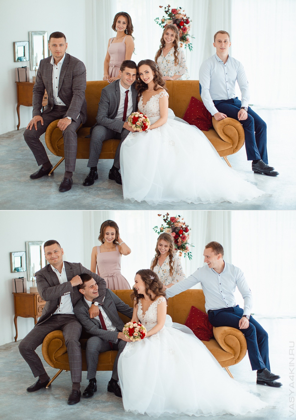 Невеста, держащая в руках букет из утонченных цветов, стоит на заднем плане у роскошной дороги в Ярославле