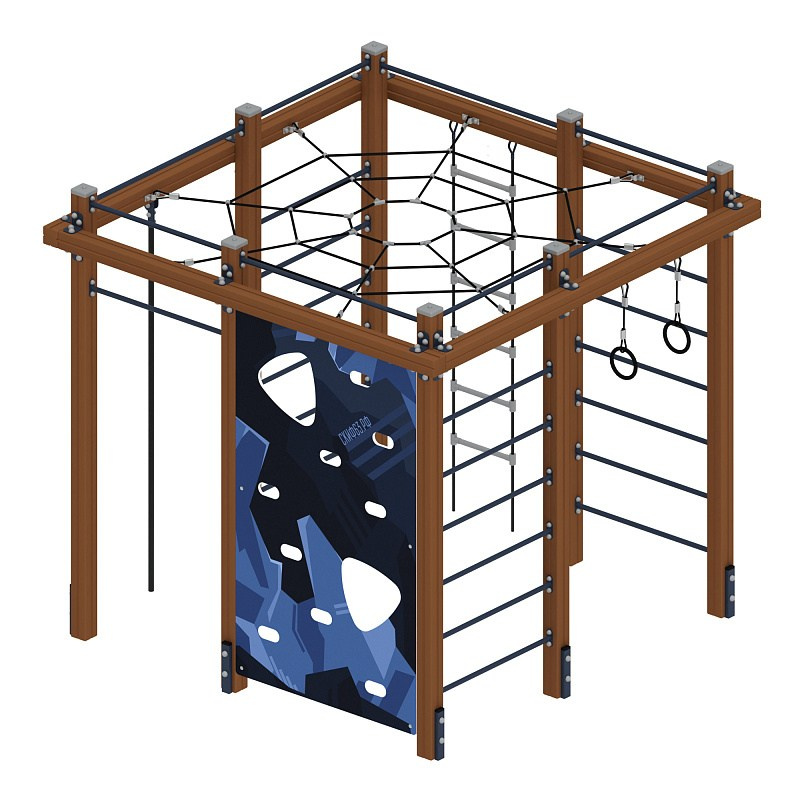 Спортивный комплекс Маугли - СК 2.02.04-01 Габариты (ШхДхВ): 2600х2600х2500 Зона безопасности, мм: 5600х5600 Возрастные ограничения 5-12 лет