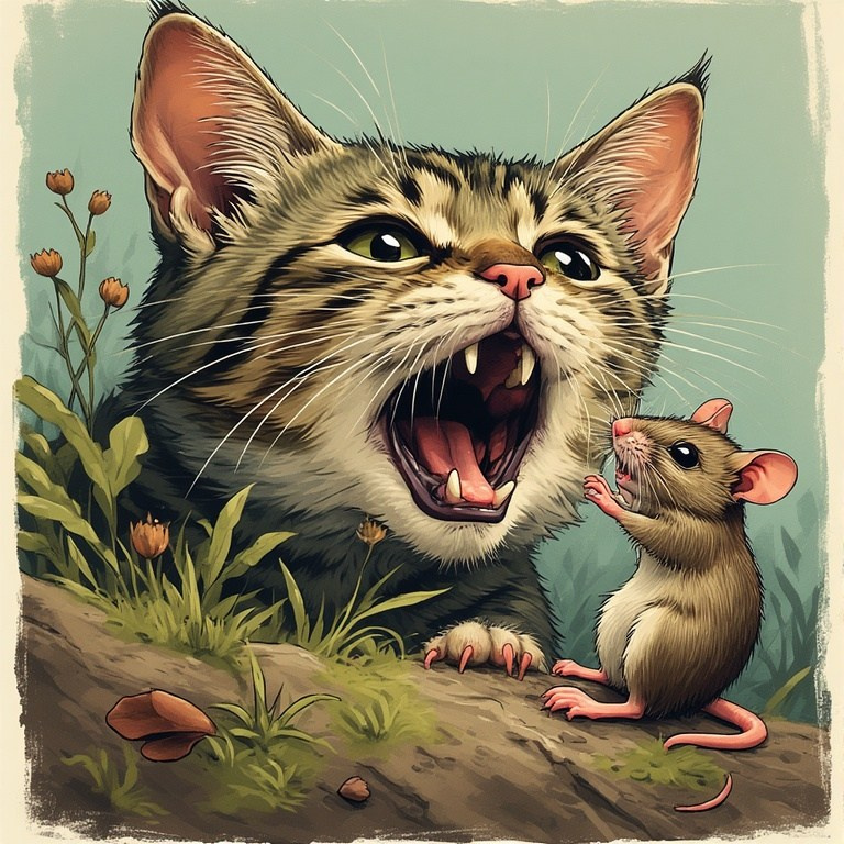 Artistic drawing of a cat and a mouse – bright creative scene with a kitten’s open mouth and a curious mouse.