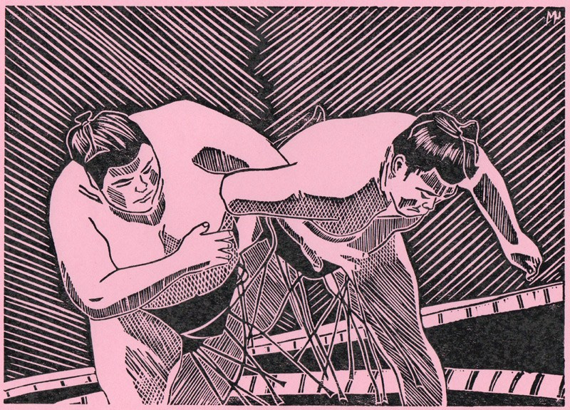 Серия линогравюр Grand Sumo Highlights  по мотивам турниров сумо. Авторская линогравюра, ручная печать на цветной бумаге. 大相撲