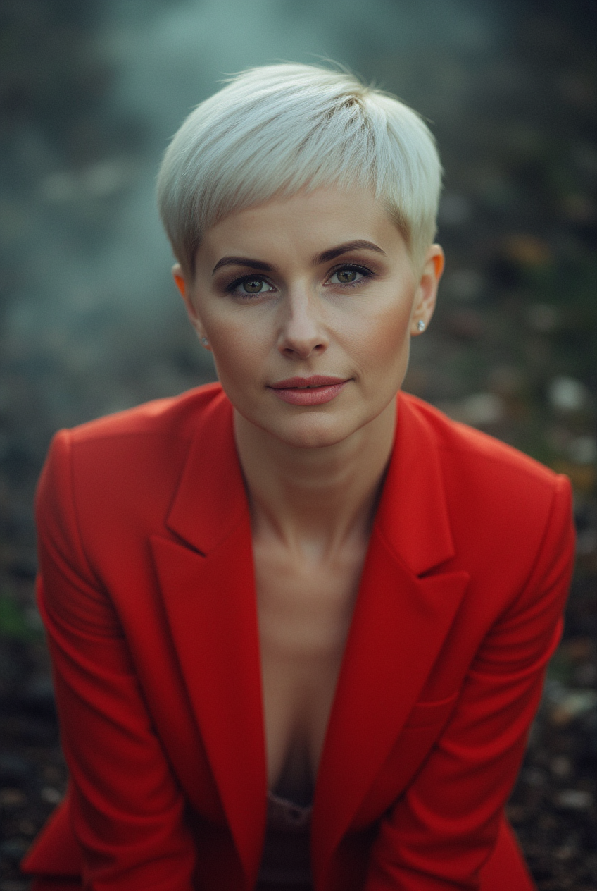 девушка в красном костюме 