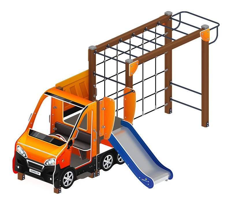 Машинка (оранжевый) тип 2 - ДИК 1.03.1.02-01 - Игровой комплекс H=750                                                                                       Габариты (ШхДхВ): 4700x2430x2000                                                                                                                                                                     Зона безопасности, мм: 7700х5930                                                                                                                                                                        Скат горки: H=750 (металлический скат)