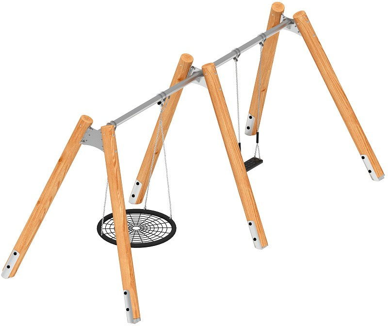 Качели (Лиственница) ИО 12.Р.05.03.01-Л.И1 Габариты (ШхДхВ): 5600х2250х2470 Зона безопасности, мм: 5600х7500 Возрастные ограничения от 3 лет