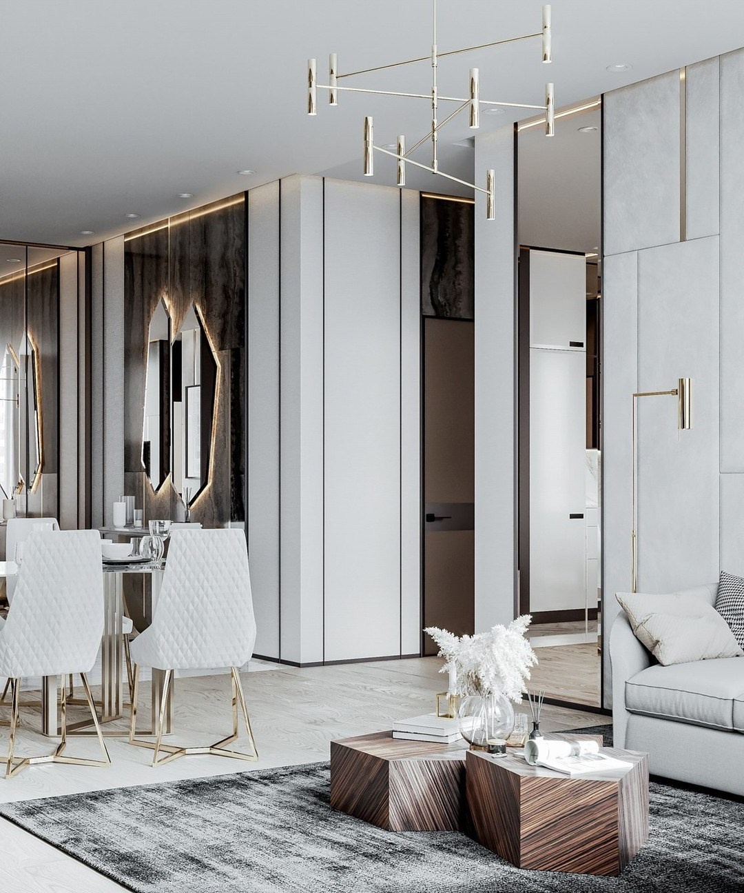 Гостиная с зеркальными панелями, белыми стульями и золотым освещением | Валерия Котович