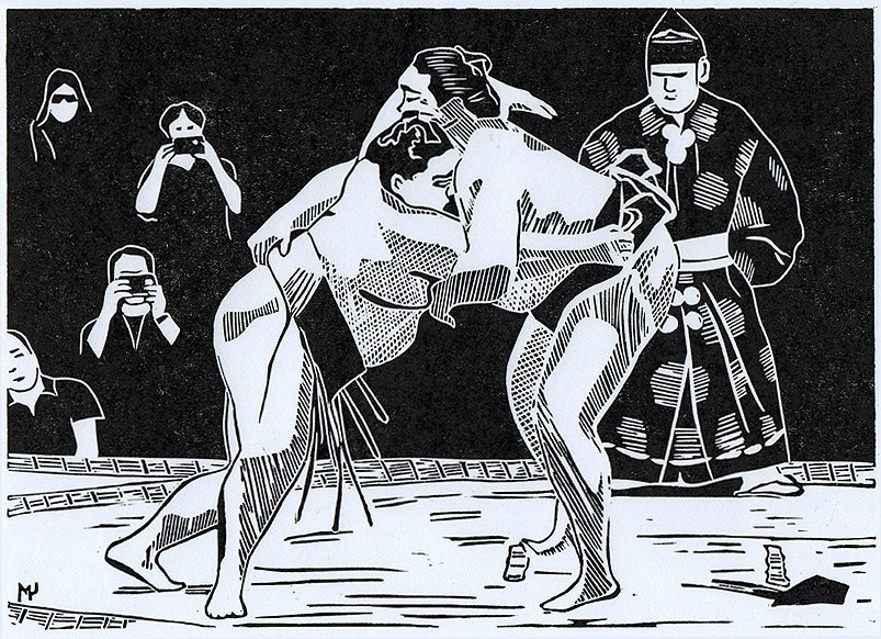 Серия линогравюр Grand Sumo Highlights  по мотивам турниров сумо. Авторская линогравюра, ручная печать на бумаге Ватман Гознак. 大相撲