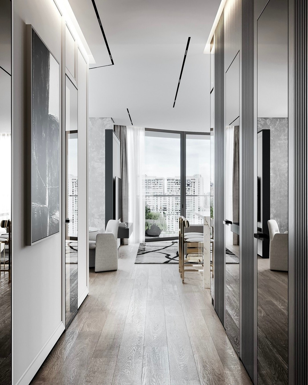 Светлый коридор с зеркальными шкафами и видом на гостиную — современный интерьер Валерии Котович