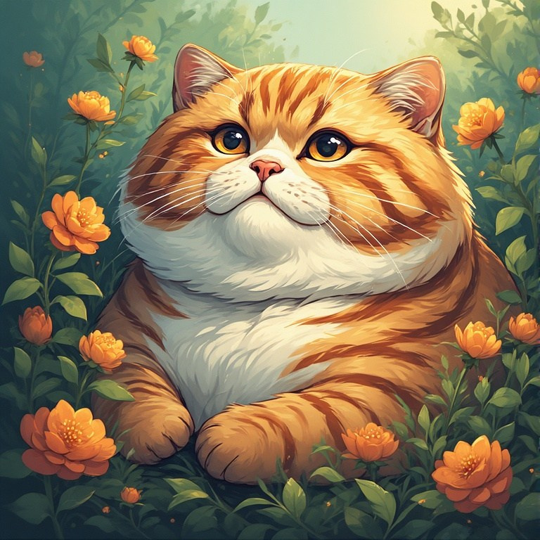 Creative art of a ginger cat in orange shades – bright illustration in a green garden.