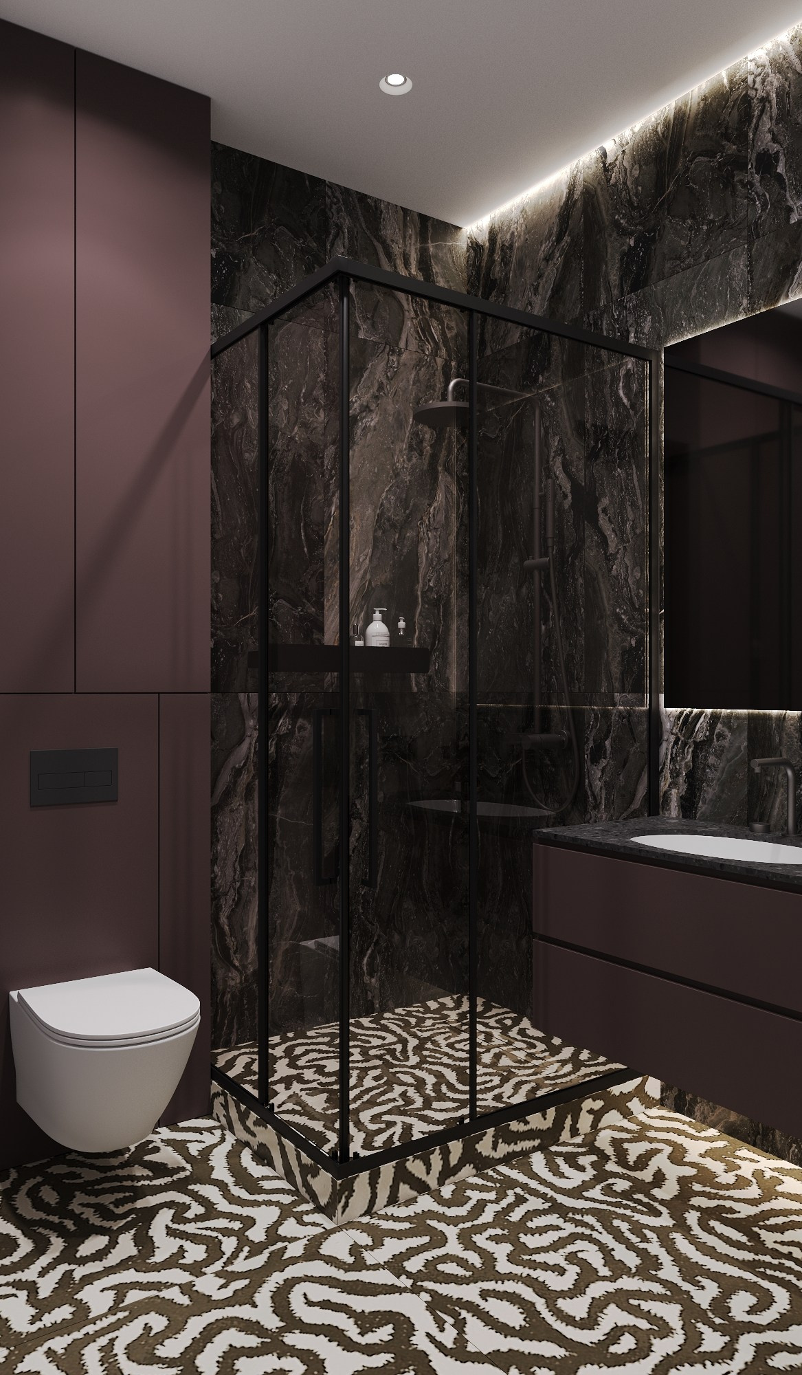дизайн интерьера душевой комнаты с акцентной плиткой на полу, сантехника в цвете графит, сложные пурпурные тона