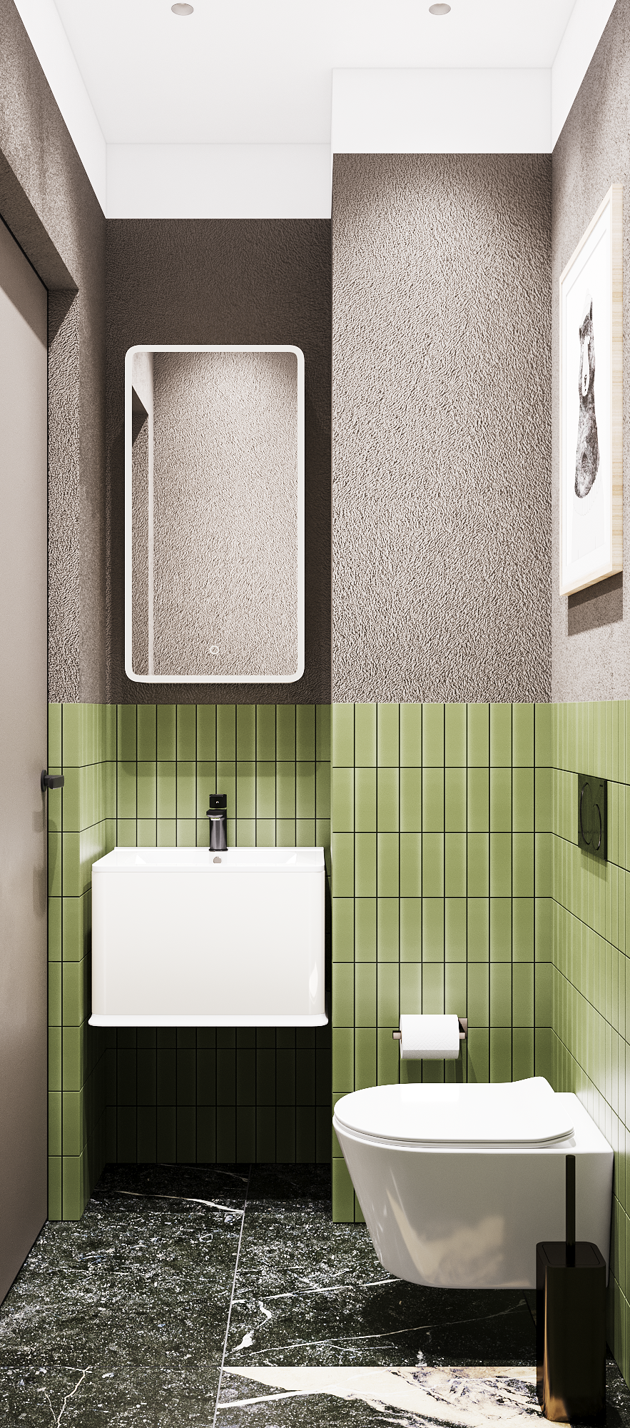 Интерьер санузла с подвесной раковиной, зелёной плиткой, зеркалом с подсветкой и подвесным унитазом