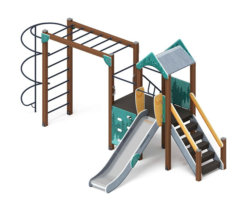 Играйте с нами (Тайга) - ДИК 2.01.1.08-03 - Игровой комплекс H=1200                                                                                          Габариты (ШхДхВ): 5970x4260x3000                                                                                                                                                                     Зона безопасности, мм: 8970х7760                                                                                                                                                                        Скат горки: H=1200 (металлический скат)                                                                                                                                           Возрастные ограничения от 5 до 12 лет