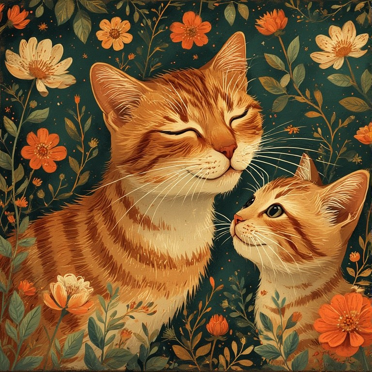 Art portrait of a cat with a kitten among flowers – warm family scene in decorative illustration style.