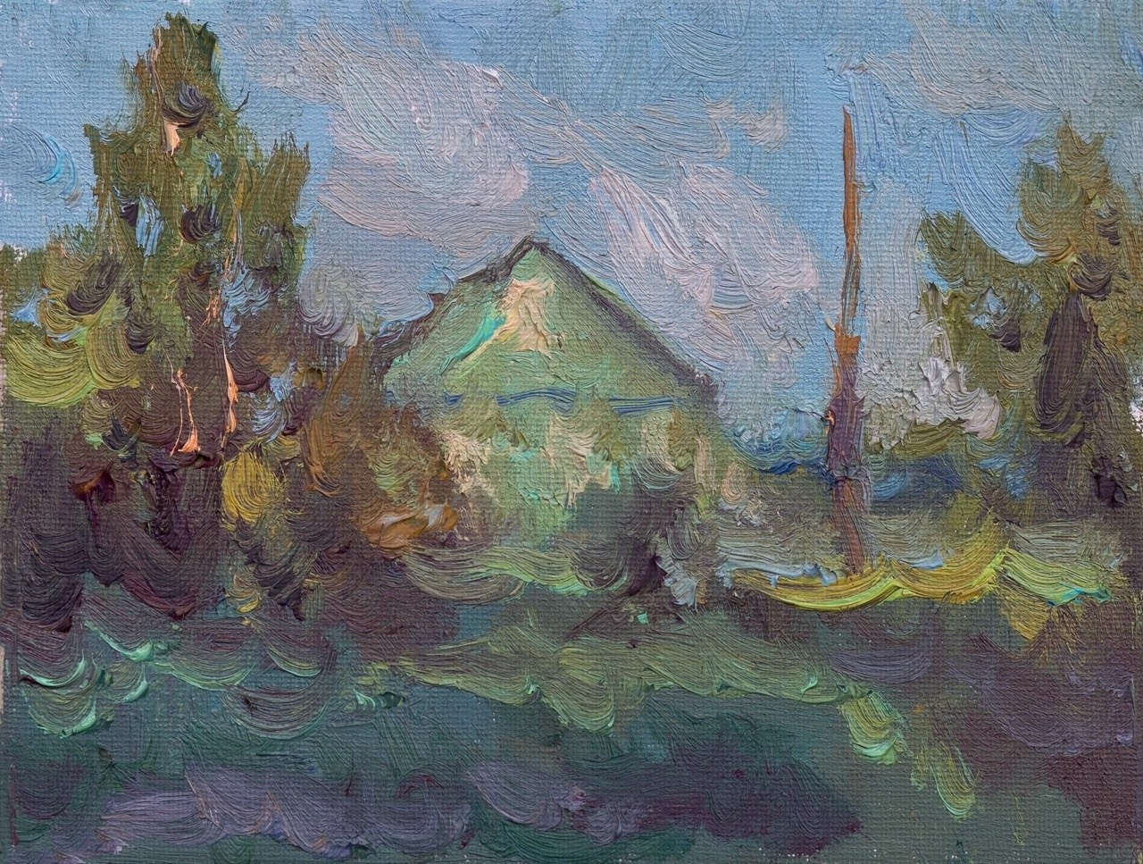 Зеленый домик. Вечереет. Художник Александр Каверин