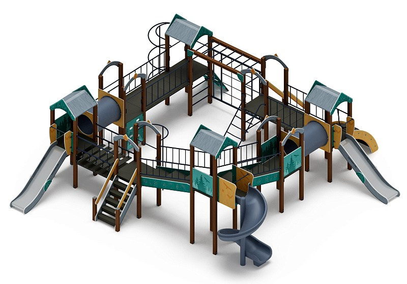 Остров детства (Тайга) - ДИК 2.01.8.02-23.И1 - Игровой комплекс H=1200 H=2000                                                                                              Габариты (ШхДхВ): 9600x9770x4000                                                                                                                                                                   Зона безопасности, мм: 13100х13270                                                                                                                                                                     Скат горки: H=1200 (металлический скат) / H=2000 (винтовой скат)