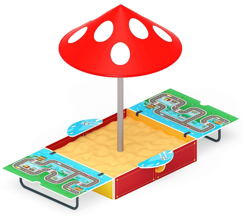 Песочница с крышкой средняя и навесом Грибок (Игра) - ИО 5.01.10-06 Габариты (ШхДхВ): в закрытом виде 1500х1500х2100 в открытом виде 2990х1500х2100 Зона безопасности, мм: 3990х2500