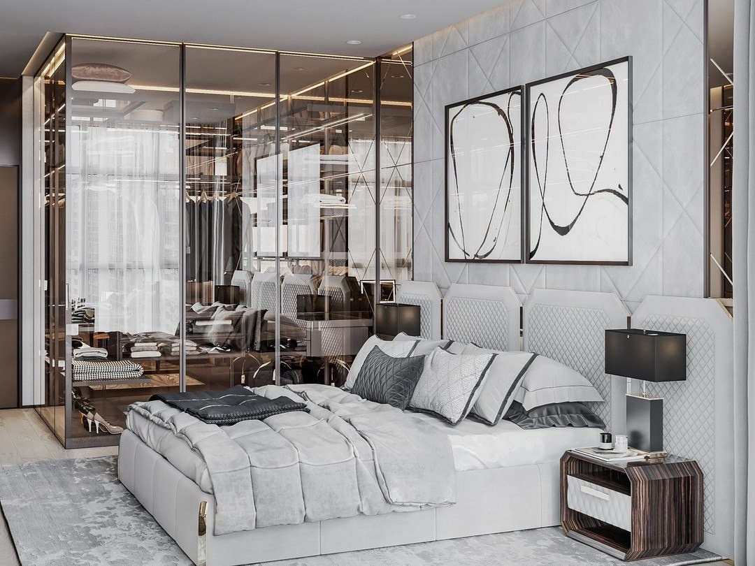 Светлая спальня с мягким изголовьем и стеклянной гардеробной с подсветкой | Валерия Котович