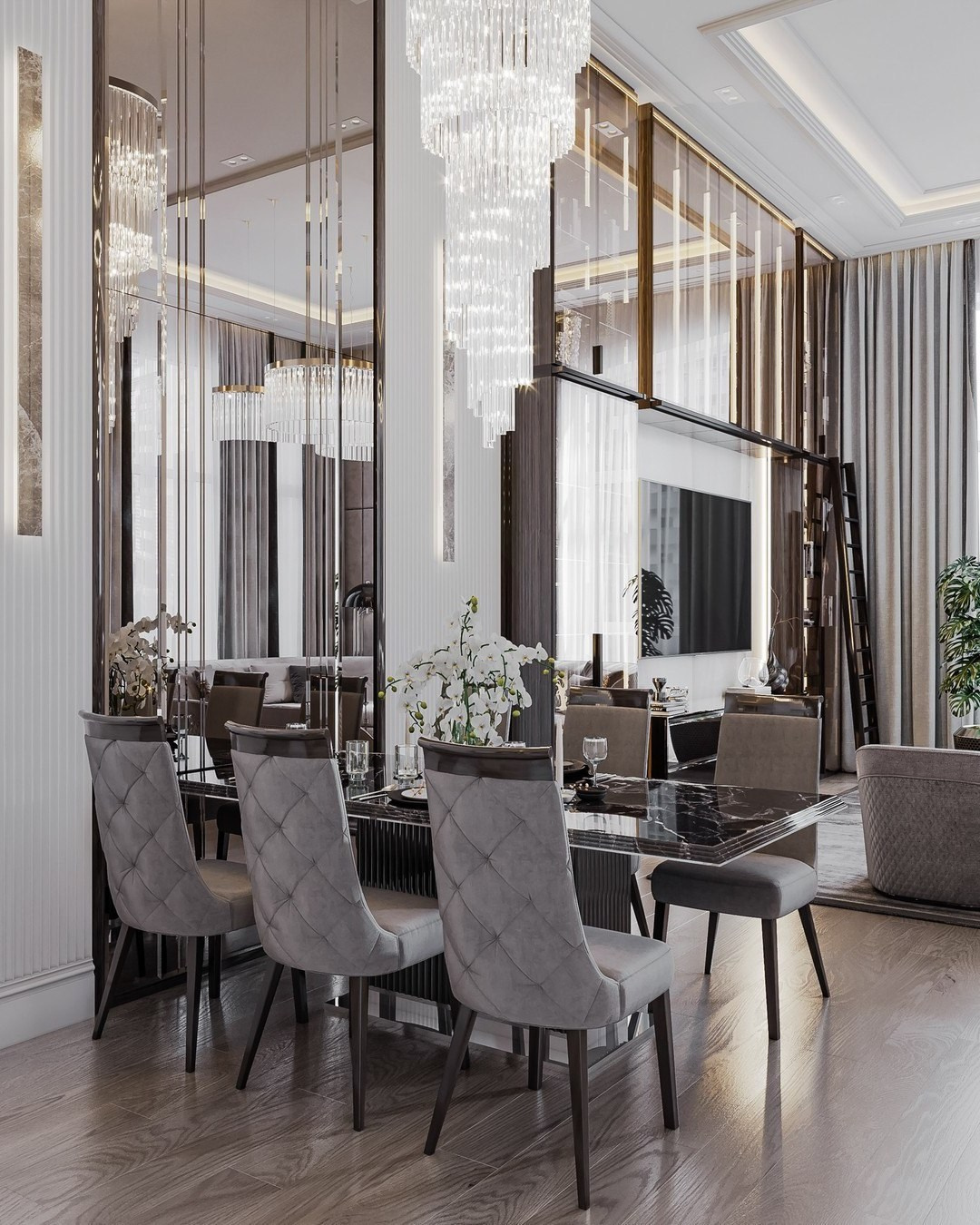 Современная столовая с мраморным столом и хрустальной люстрой — дизайн Валерии Котович