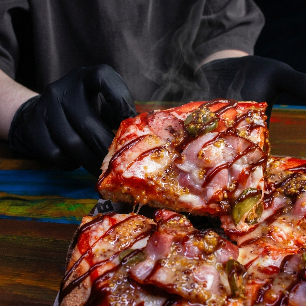 мясная пицца с тонким тестом и помидорами черри