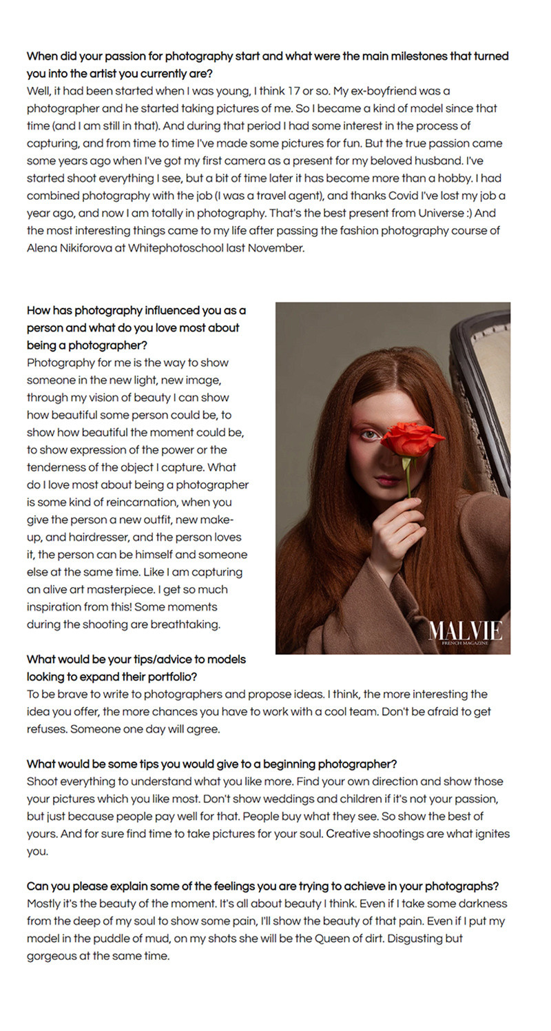 Interview at MALVIE Magazine. Фотограф Любовь Белявцева