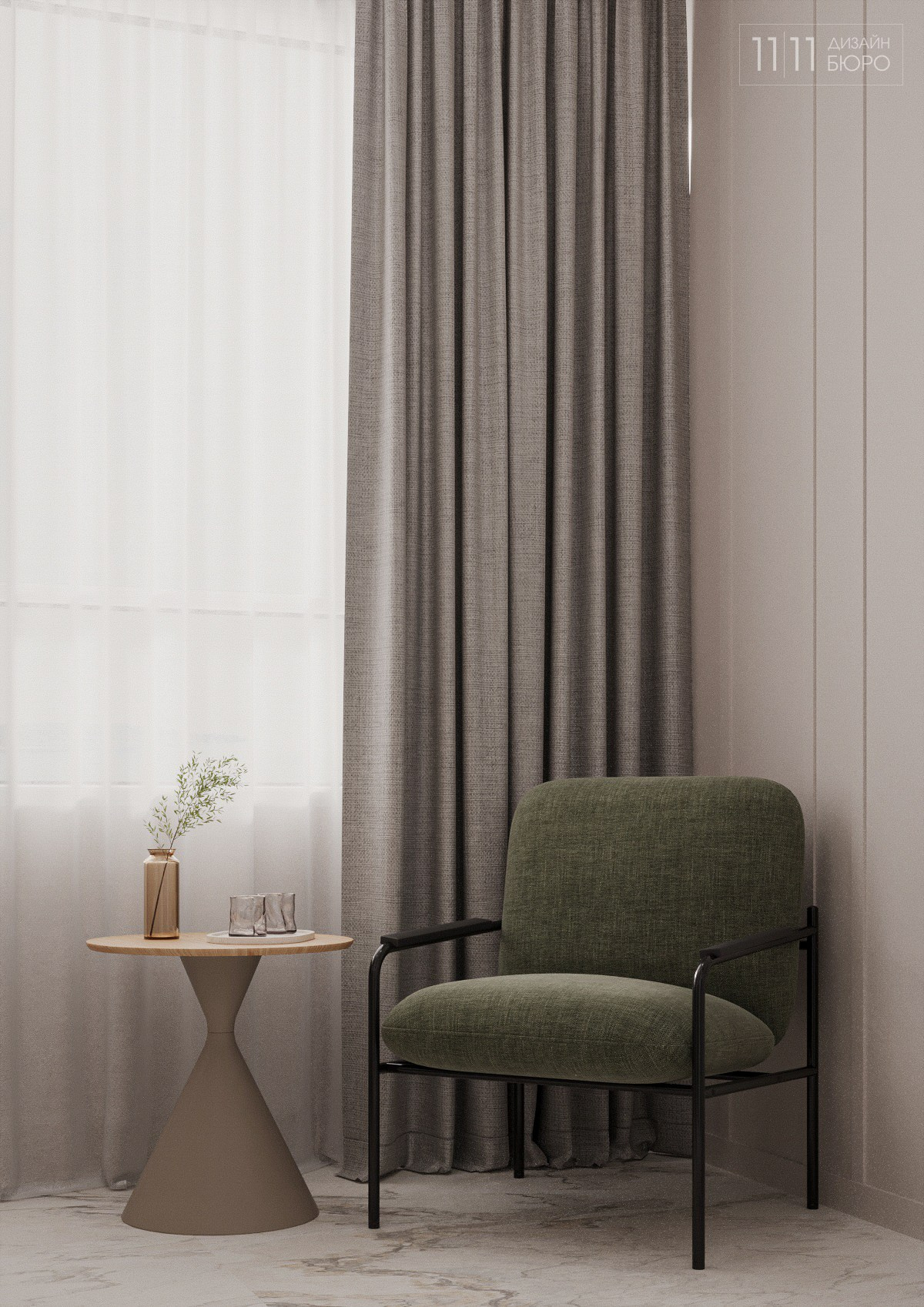 Интерьер балкона, зона отдыха с зеленым креслом 