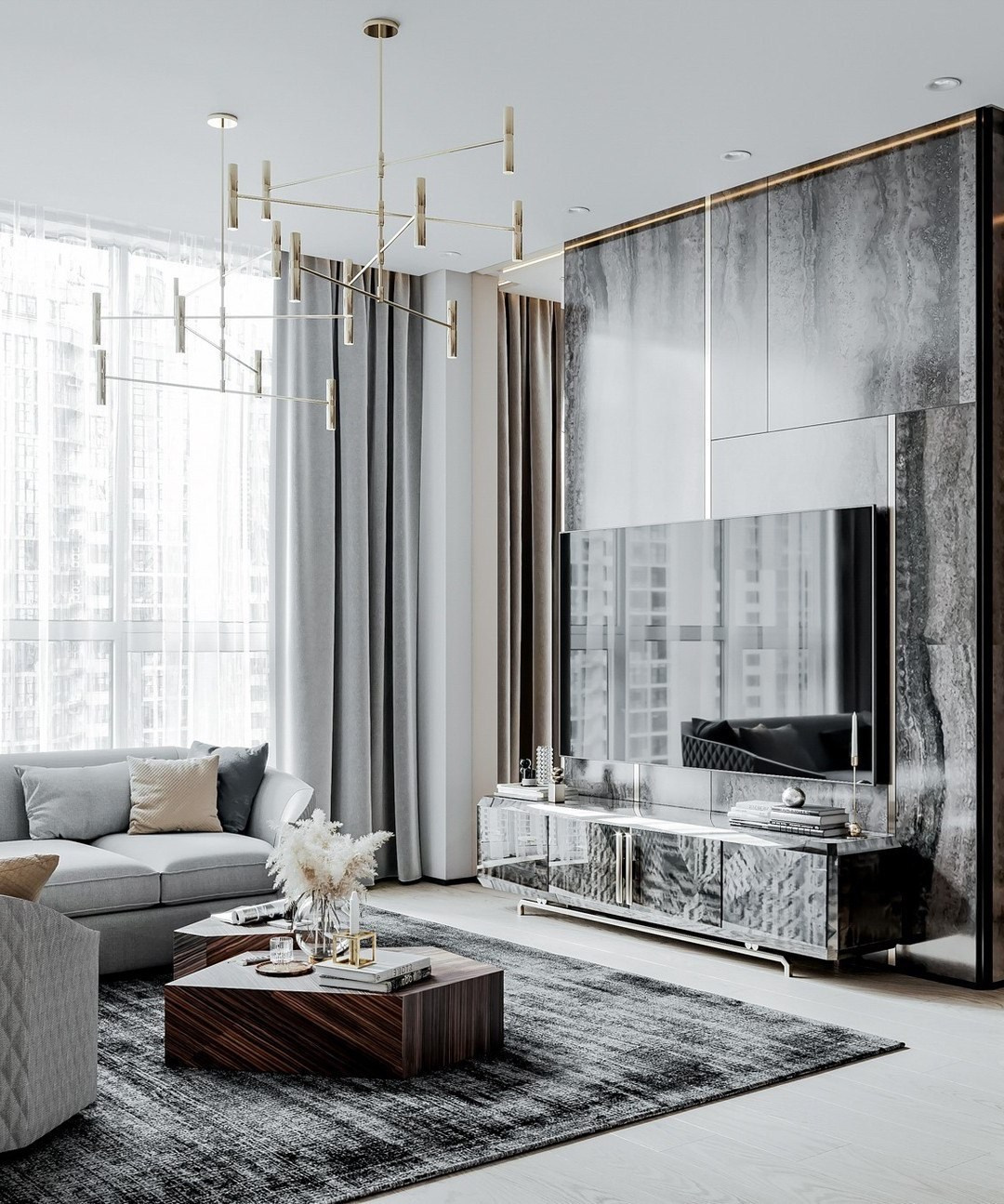 Гостиная с серым диваном и журнальными столиками из шпона зебрано | Валерия Котович