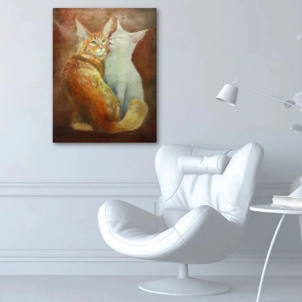 картина с котами в интерьере, рыжий кот, белая кошка