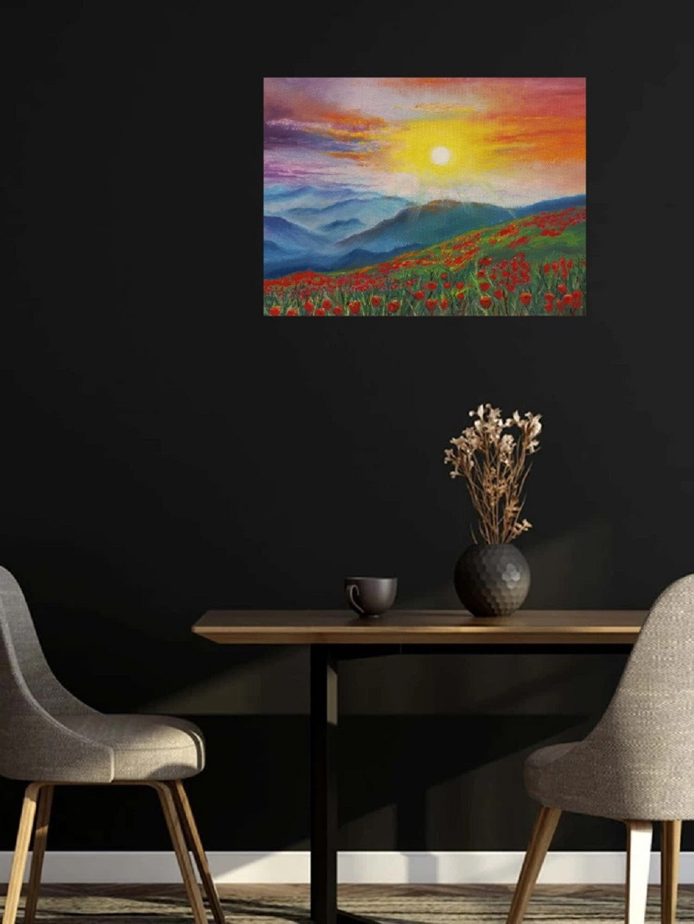 картина горы закат, пейзаж с горами, пейзаж горы на закате, картины александры корчагиной, картины в подарок, современная живопись, купить картину, картина маслом на холсте пейзаж, картина красные цветы в горах маки тюльпаны, горы в тумане, розовый закат солнца в горах, картина красивые облака