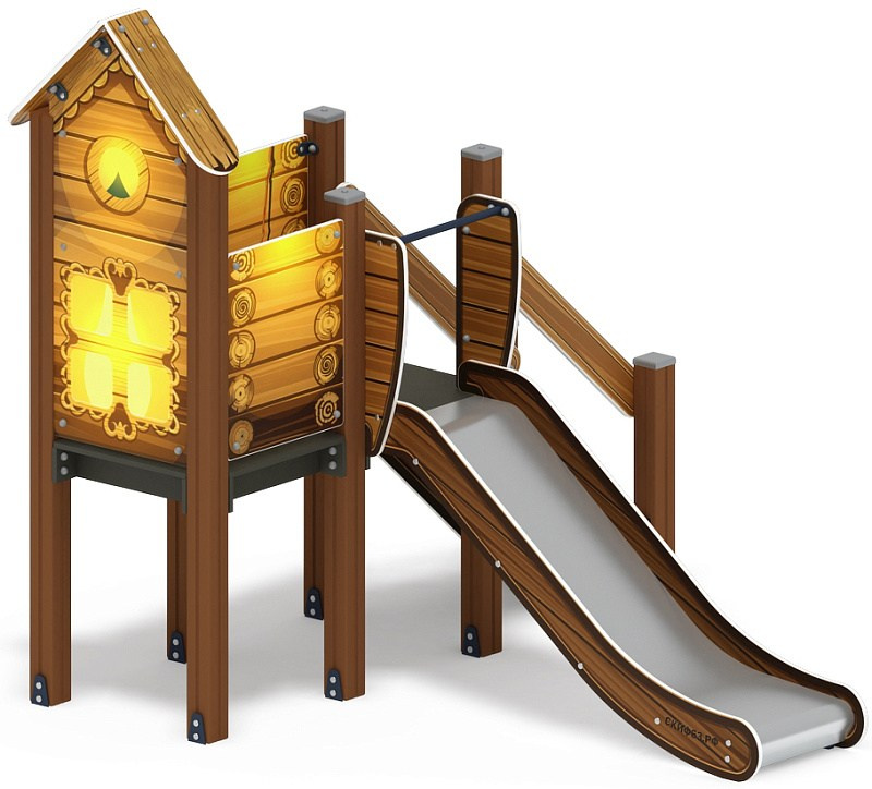 Горка с домиком - ИО 41.01.05-02 - (ЭКО) H=900 Габариты (ШхДхВ): 2400x2500x2400 Зона безопасности, мм: 5400х6000 Скат горки: H=900 (металлический скат) Возрастные ограничения от 3 до 10 лет