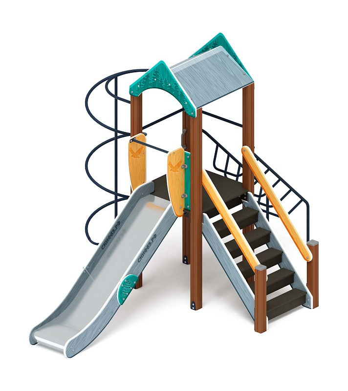 Играйте с нами (Тайга) - ДИК 2.01.1.04-03 - Игровой комплекс H=1200                                                                                     Габариты (ШхДхВ): 4260x2970x3000                                                                                                                                                                     Зона безопасности, мм:  7760х5970                                                                                                                                                                        Скат горки: H=1200 (металлический скат)                                                                                                                                           Возрастные ограничения от 5 до 12 лет