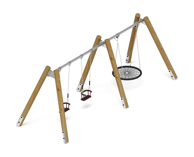Качели (Лиственница орех) ИО 13.Р.05.01.01.01-Л.И2.02 Габариты (ШхДхВ): 6600х2250х2470 Зона безопасности, мм: 6600х7500 Возрастные ограничения от 3 лет
