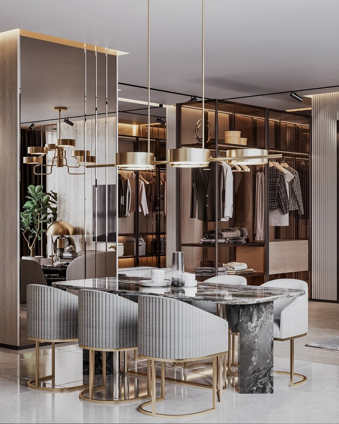 Кухня-гостиная с золотыми подвесными светильниками и стеклянной гардеробной | Валерия Котович