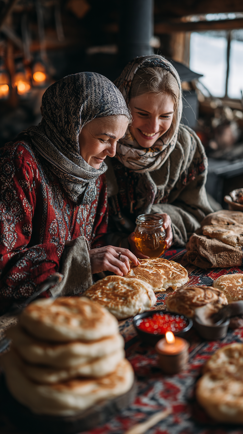 AI художественный портрет в зимнем народном стиле, визуальная концепция Масленицы