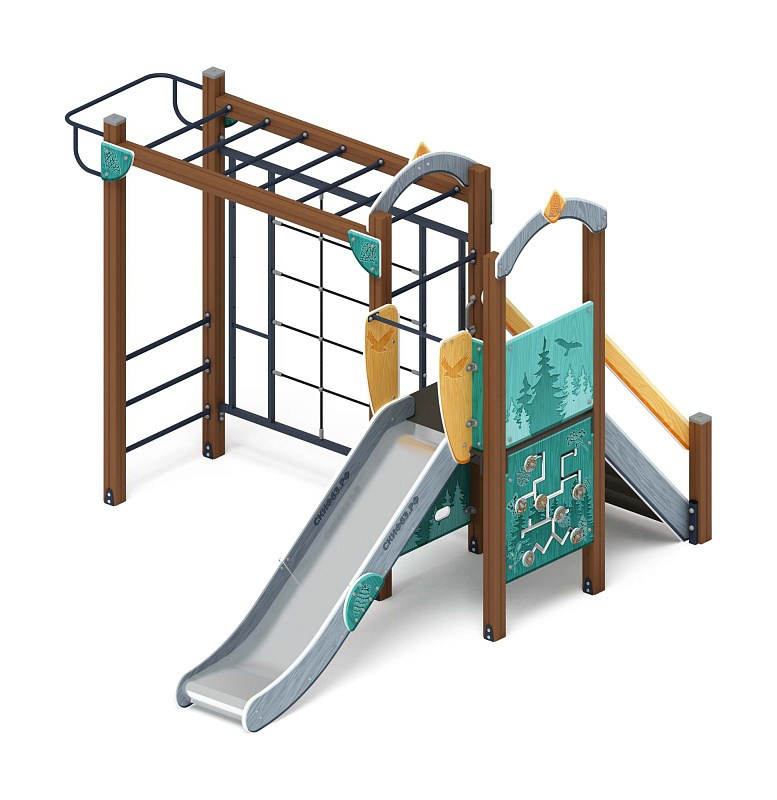 Играйте с нами (Тайга) - ДИК 2.01.1.05-03 - Игровой комплекс H=1200                                                                                          Габариты (ШхДхВ): 4080x3530x2800                                                                                                                                                                    Зона безопасности, мм: 7580х6530                                                                                                                                                                      Скат горки: H=1200 (металлический скат)                                                                                                                                           Возрастные ограничения от 5 до 12 лет