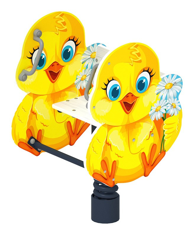 Цыпленок - Качалка на пружине - ИО 22.01.03-01.И1 Габариты (ШхДхВ): 580х560х980 Зона безопасности, мм: 2580х2560 Возрастные ограничения весом не более 70 кг