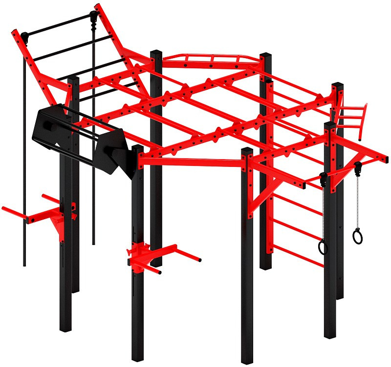 Многофункциональный спортивный комплекс (красный) МК 100.01-01 Габариты (ШхДхВ): 3680х4860х2780 Зона безопасности, мм: 6680х7860 Возрастные ограничения от 14 лет
