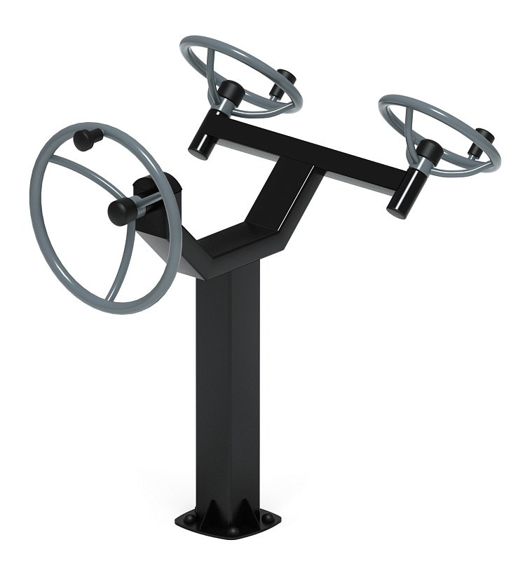 Рули (положение сидя) серый - Уличный тренажер - СТ 104-13 Габариты (ШхДхВ): 1040х1015х1200 Зона безопасности, мм: 4040х2665 Оборудование предназначено для подростков в возрасте от 14 лет и взрослых, весом не более 100 кг.