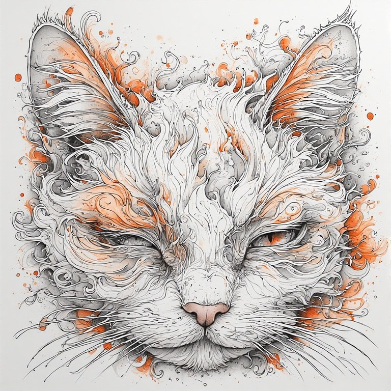 Graffiti-style drawing of a cat’s face – black-and-orange swirls of lines and splashes create a dynamic cat portrait.