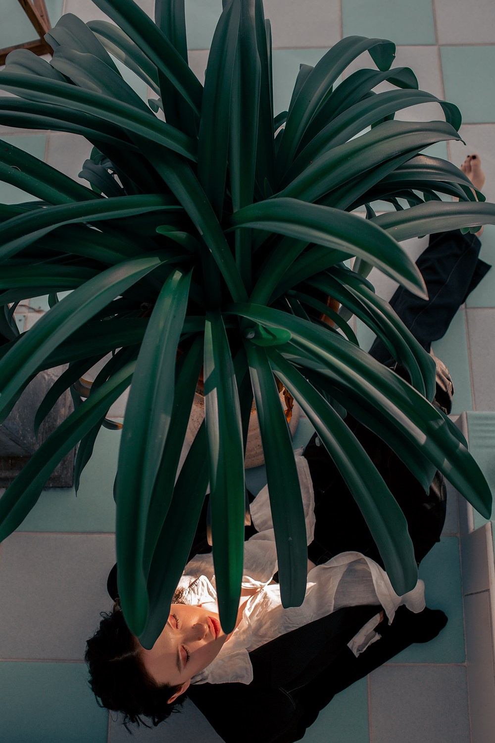 Портрет девушки ракурс сверху на через листья цветка