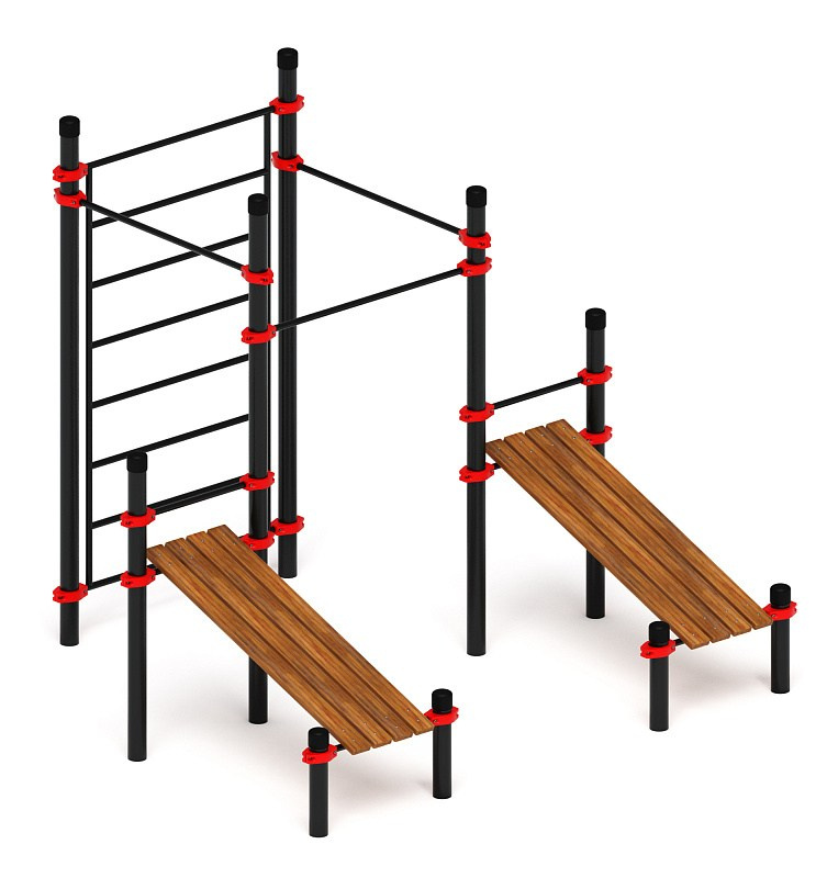 Воркаут 108 красный ВТ 12.16-01 Габариты (ШхДхВ):3040х2840х2600 Зона безопасности, мм:6040х5840 Возрастные ограничения от 14 лет, весом не более 100 кг