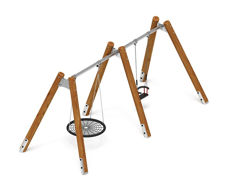 Качели (Лиственница темный) ИО 12.Р.05.01-Л.И2.01 Габариты (ШхДхВ): 5600х2250х2470 Зона безопасности, мм: 5600х7500 Возрастные ограничения от 1 года