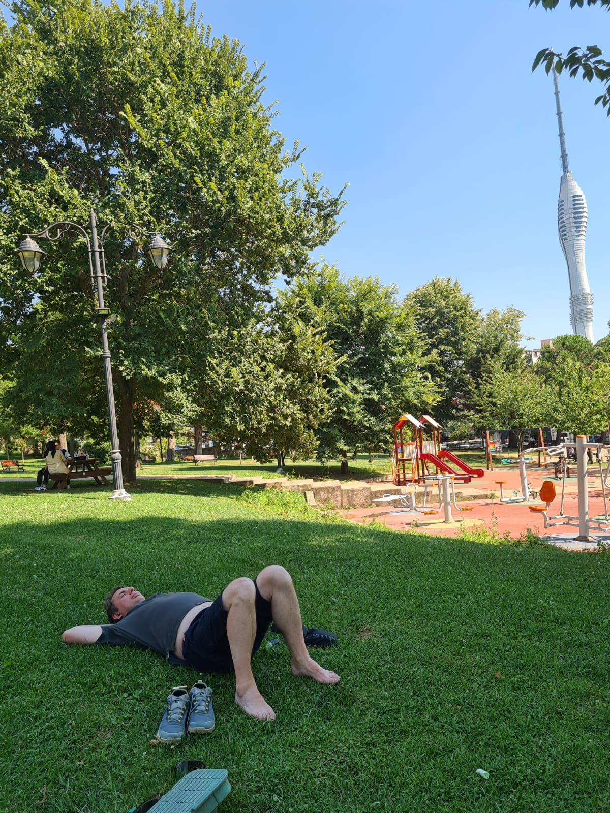 По дороге сквозь раскаленный район, на склонах самого высокого холма Стамбула - Чамлыджа, меня в отпуске застало рабочее совещание. Проводил его из скверика, на газончике, с видом на ТВ-башню