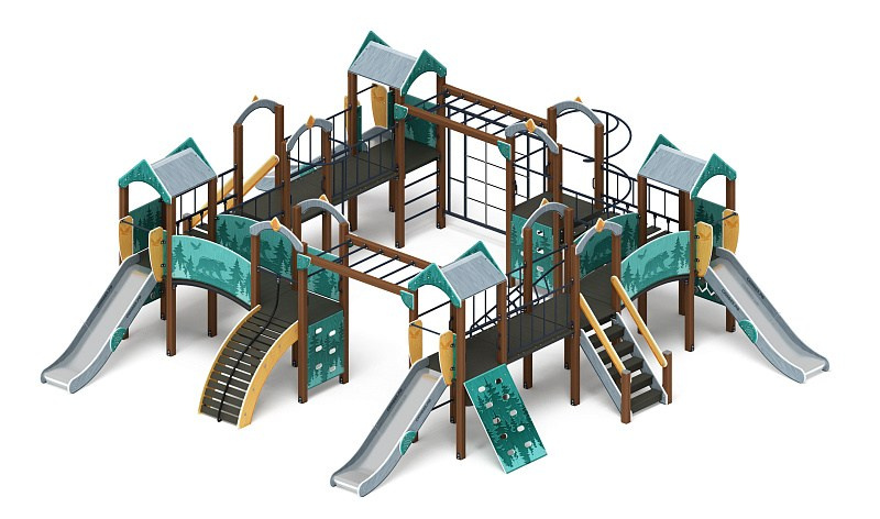 Остров детства (Тайга) - ДИК 2.01.8.01-03 - Игровой комплекс H=1200                                                                                            Габариты (ШхДхВ): 9100x10700x3000                                                                                                                                                                   Зона безопасности, мм: 12600х14700                                                                                                                                                                     Скат горки: H=1200 (металлический скат)