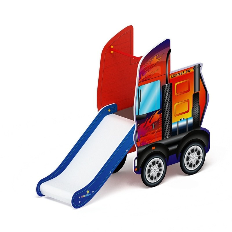 Горка Грузовичок - ИО 41.03.02-01 - H=750 Габариты (ШхДхВ): 2200x570x1660Зона безопасности, мм: 5700х3570 Скат горки: H=750 (металлический скат) Возрастные ограничения от 3 до 12 лет, весом не более 70 кг