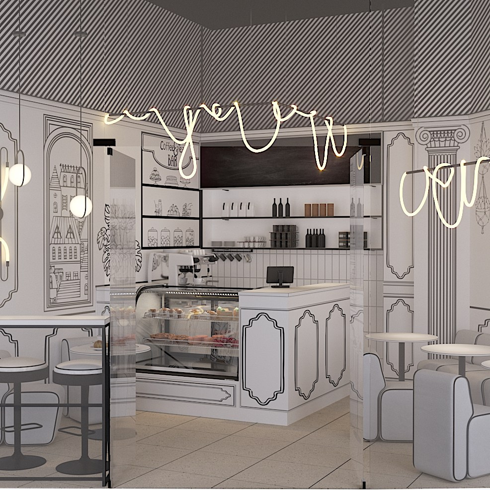 Кофейня в графичном стиле. Студия дизайна FishkaRom в Краснодаре и по всей России